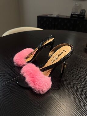 Dolls Kill Black Patent Slide Heels with Pink Fur- Never worn